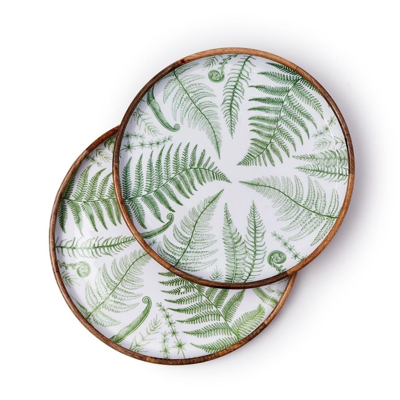 Two’s Company Fanciful Fern Set of 2 Hand-Crafted Wood Round Tray