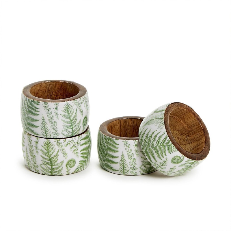 Two’s Company Fanciful Fern Set Of 4 Hand-Crafted Mango Wood Napkin Ring