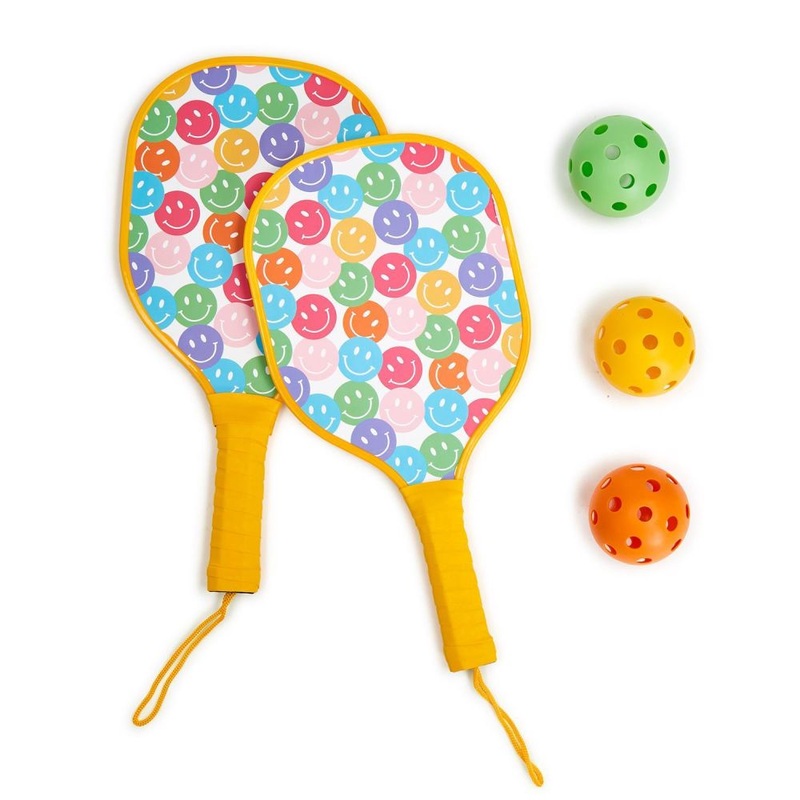 Two’s Company Happy Junior Pickleball Set in Mesh Bag with 2 Paddles and 3 Balls in Yellow, Orange, Green