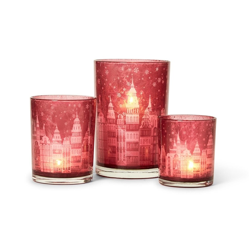 Two’s Company Holiday Lights Set Of 3 Winter Town Scene Candleholders in 3 Sizes