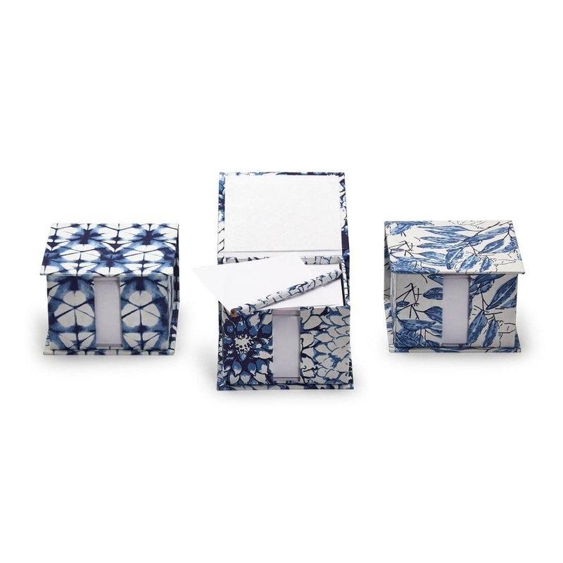 Two’s Company Indigo Block Print Note Paper Caddy with Pencil Assorted 3 Patterns (500 sheets)