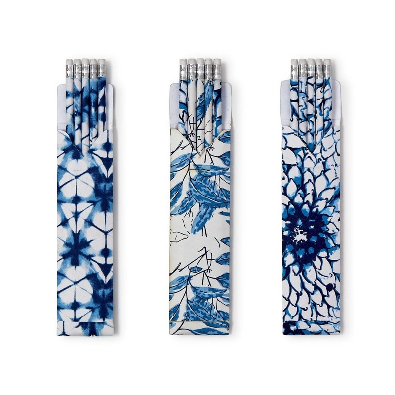 Two’s Company Indigo Block Print Pencil 18-Pieces with Set of 5 Pencils in Sleeve Assorted 3 Patterns