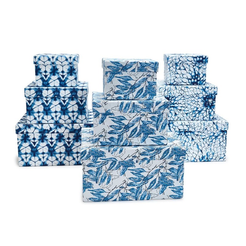 Two’s Company Indigo Block Print Set of 9 Cotton Paper Nesting Boxes Assorted 3 Patterns