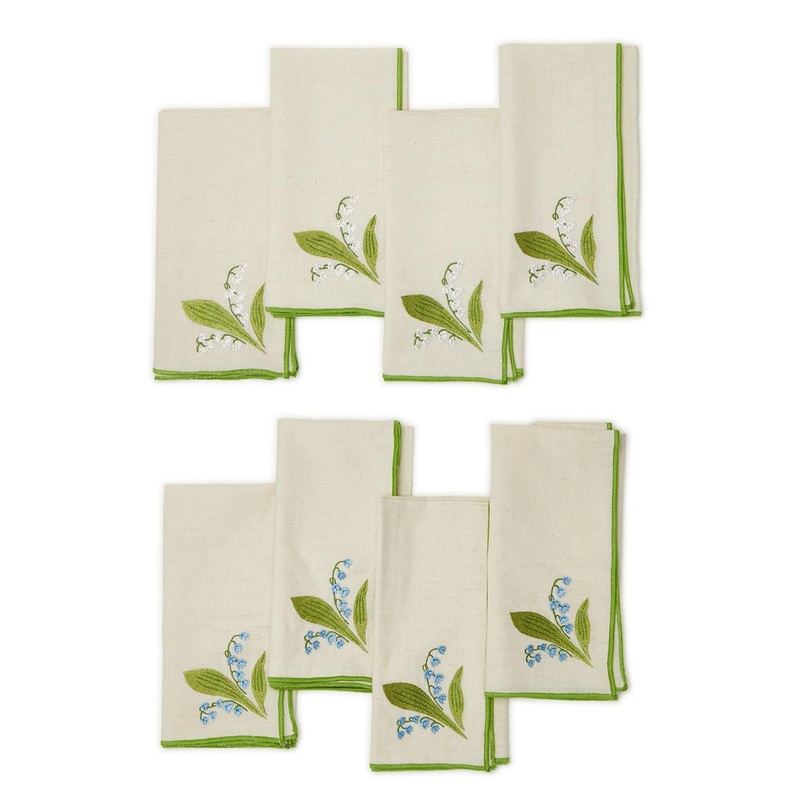 Two’s Company Lily of the Valley Set of 4 Embroidered Napkins with Merrow-Stitched Trim In 2 Colors