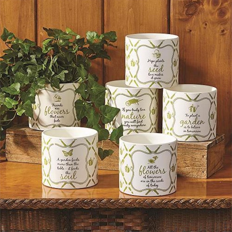 Two’s Company Make It Grow Set of 6 Garden Cachepots with Quotation In 6 Designs