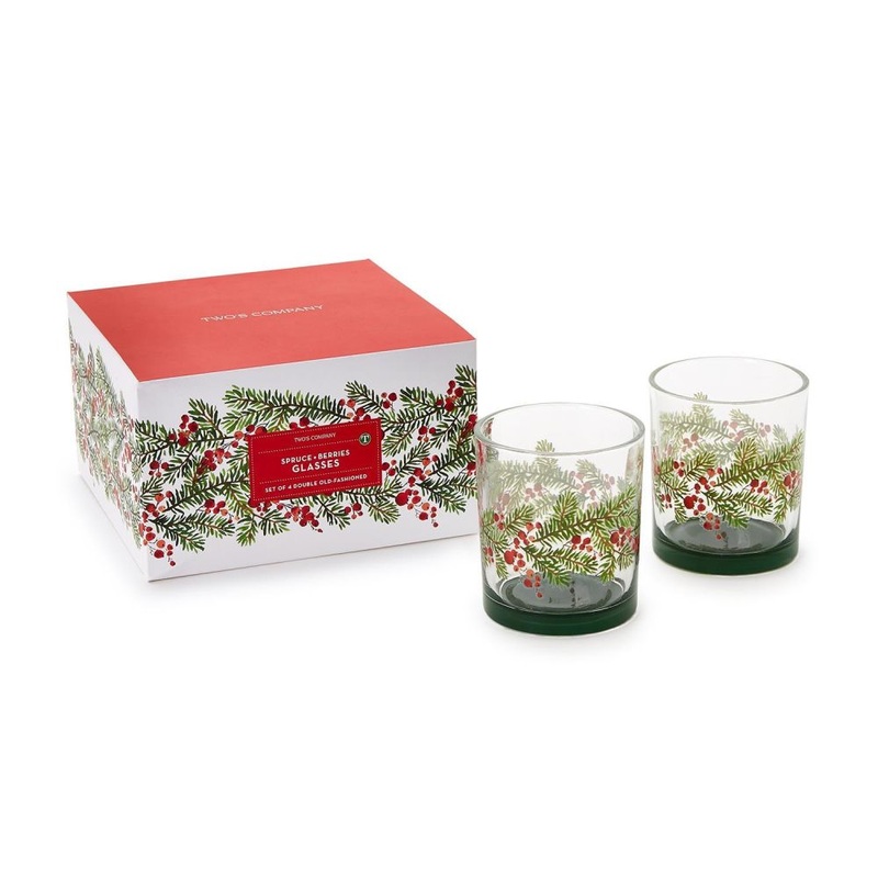 Two’s Company Merry Berry Set Of 4 Double Old Fashion Glasses In Gift Box