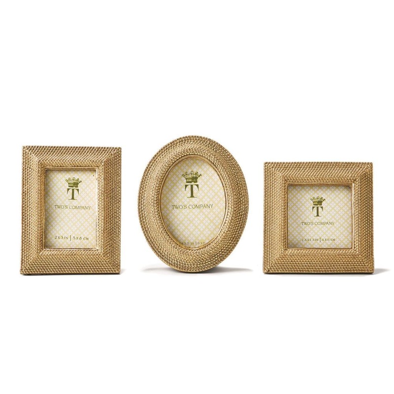 Two’s Company Mini Golden Dots Rectangle Square & Oval Photo Frames Set, Resin/Glass Table Decor