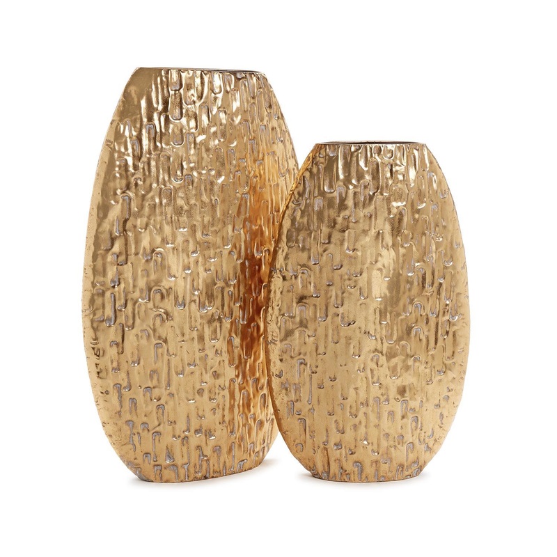 Two’s Company Oval Golden Textures Set Of 2 Etched Metal Vase (Dry Flowers Only)- Metal