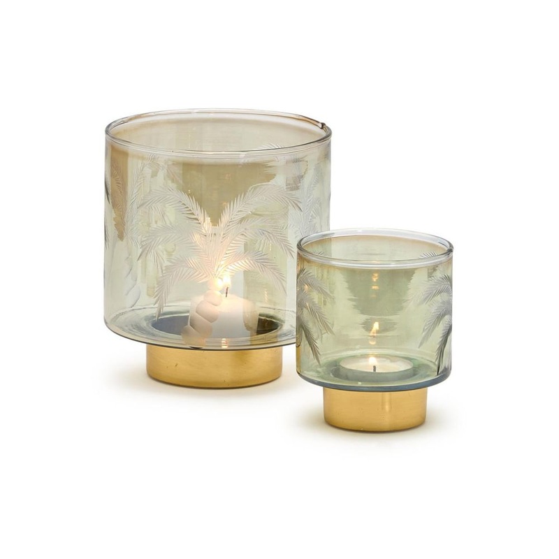 Two’s Company Palm Deco Set of 2 Glass Candleholder with Etched Palm Tree Design – Glass/Metal