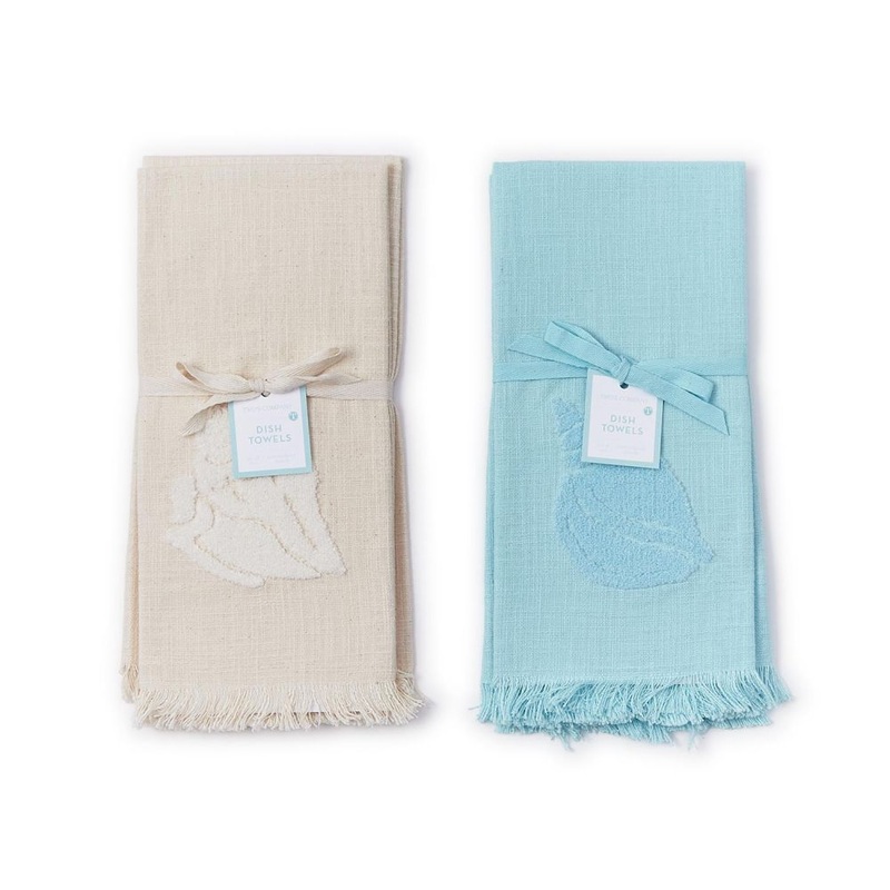 Two’s Company Sea Shell Set of 4 Dish Towel with Tuft Embroidery Assorted 2 Colors