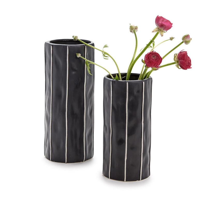 Two’s Company Set Of 2 Black and White Stripe Cylinder Vase – Ceramic