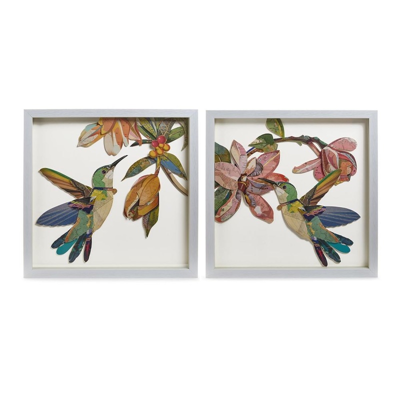 Two’s Company Set of 2 Humming Birds Paper Collage Wall Art – Paper/Plastic/Glass