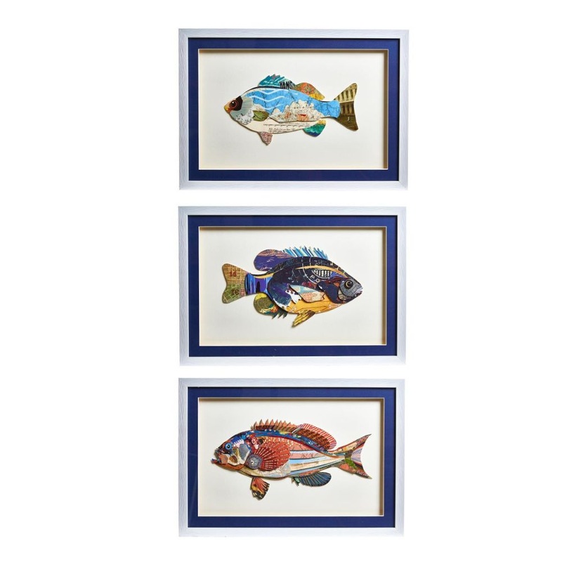 Two’s Company Set of 3 Fish Collage Wall Art – Paper/Plastic/Glass
