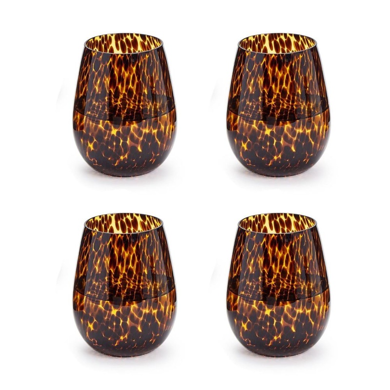 Two’s Company Set of 4 Tortoise Print Stemless Wine Glass (16 oz., hand wash only) – Glass