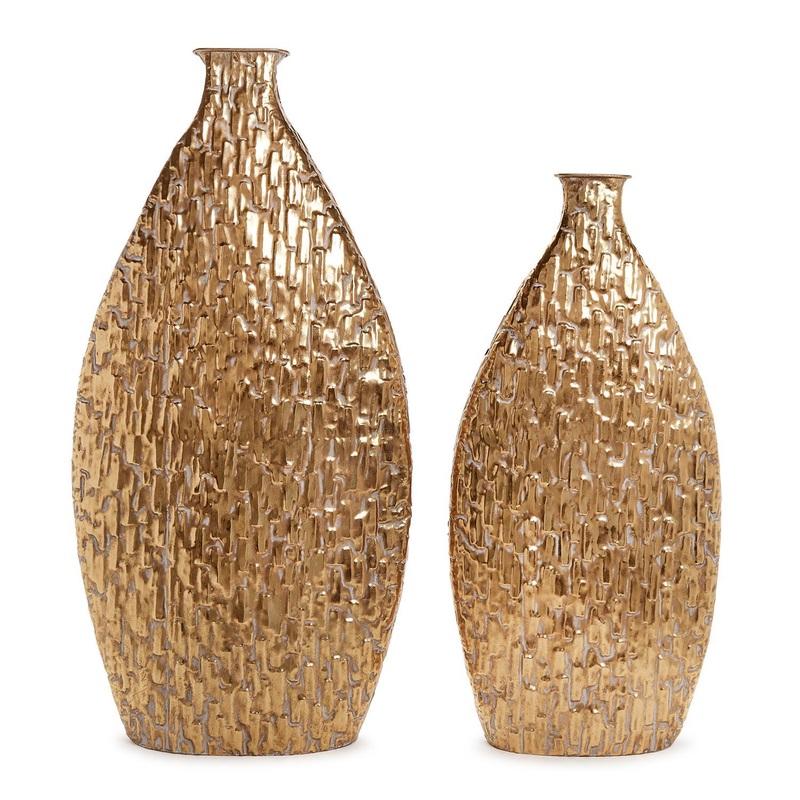 Two’s Company Tall Golden Textures Set Of 2 Etched Metal Vase (Dry Flowers Only) – Metal