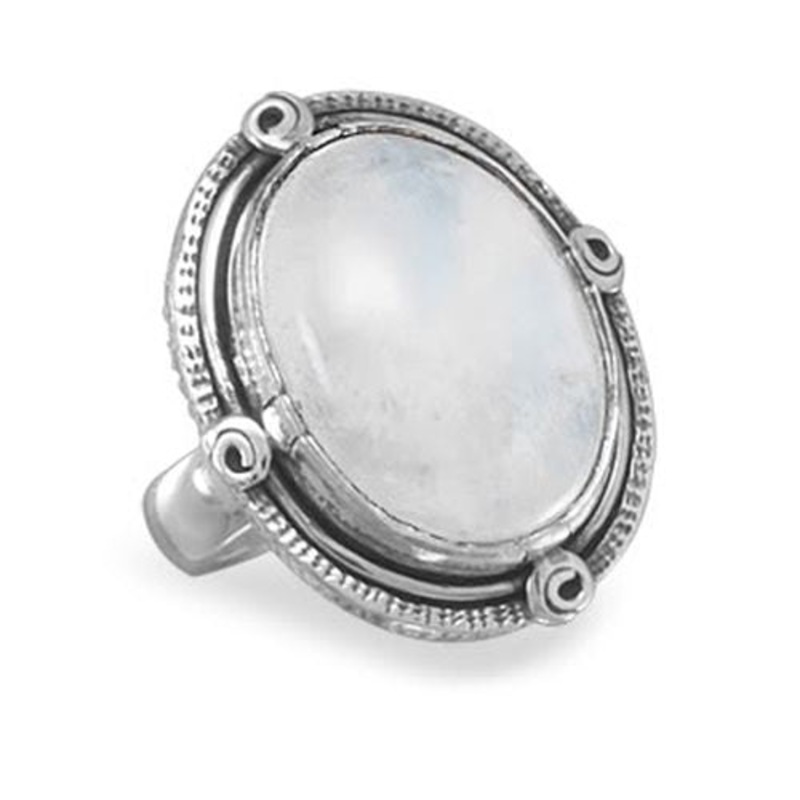 MMA Oxidized Oval Rainbow Moonstone Ring / Size 7