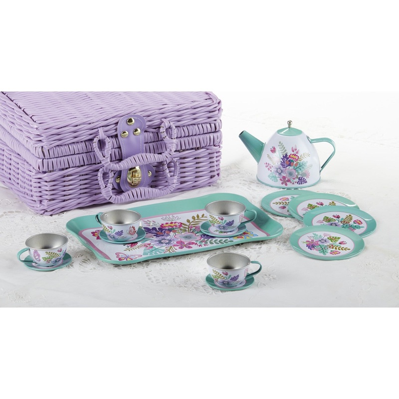 Delton Tin 15-Peice Tea Set in Basket, Fern, Green