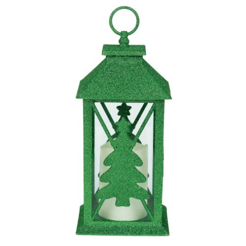 Enesco Xmas Basics Glittered Green Tree Lantern, 14