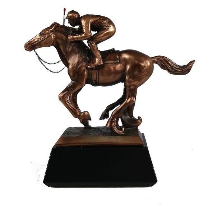 Treasure of Nature Jockey On Horse Bronze Plated Resin Sculpture, 10x4x10