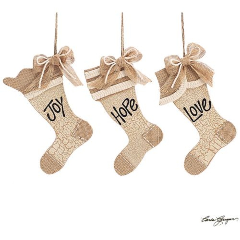 Wood And Burlap Stocking Hanging Ornament Set, 3 Assorted