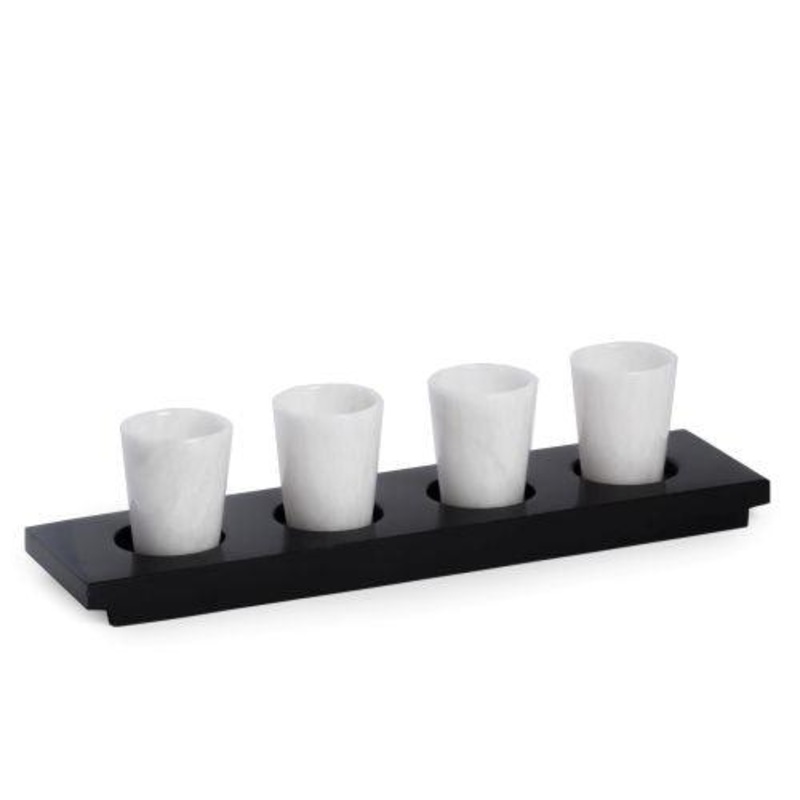 Bey Berk 4 White Shot Glasses on a Black Serving Tray