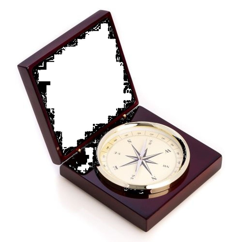 Bey Berk Brass Compass In Lacquered Rosewood Hinged Box