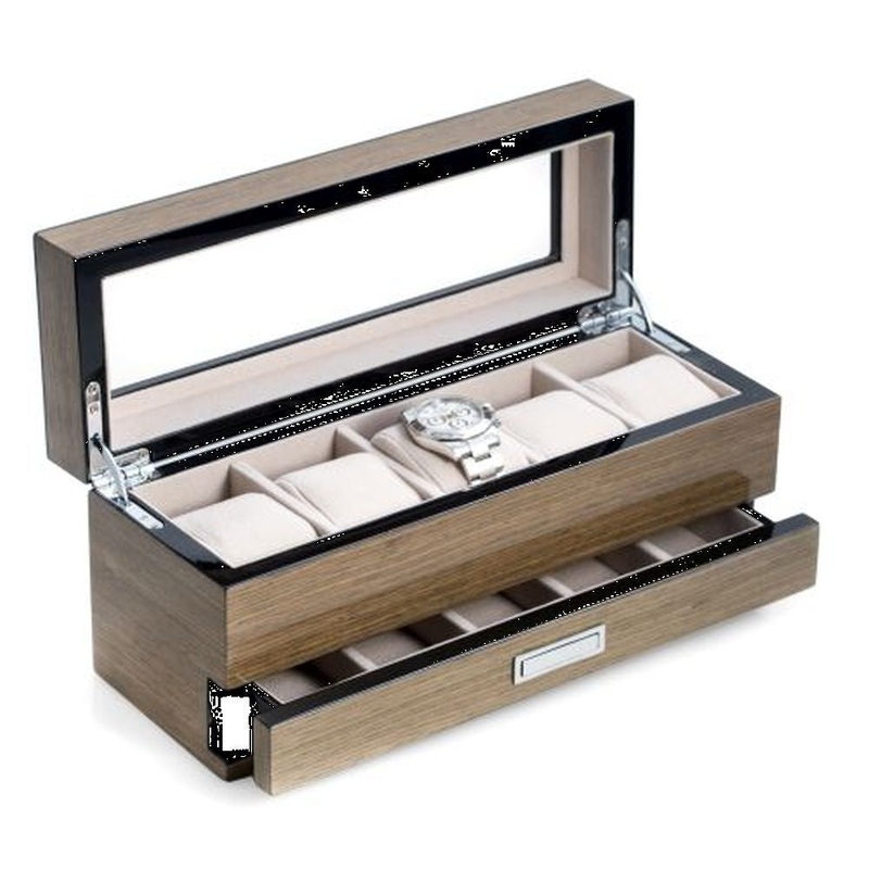 Bey Berk Lacquered Gray Wood 5 Watch Box With Glass Top
