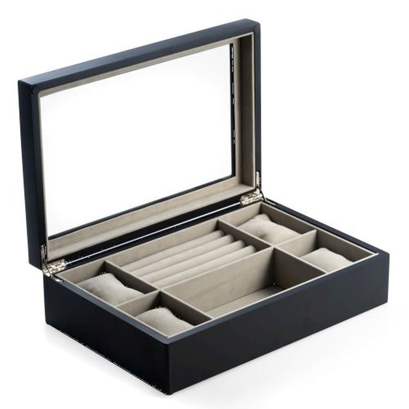 Bey Berk Matte Black Wood Valet & Watch Box With Glass Top