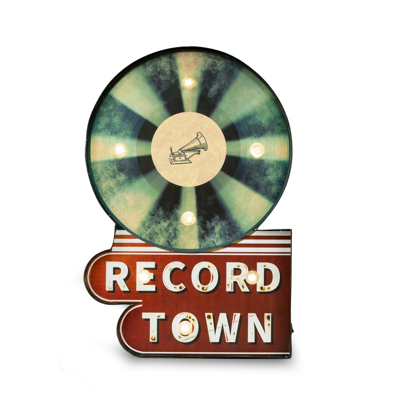 Bey Berk Record Town LED Lighted Metal Sign Wall Decor or Table Display