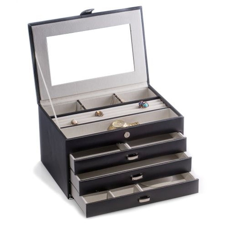 Black Leather 4 Level Jewelry Box With Multi Compartments