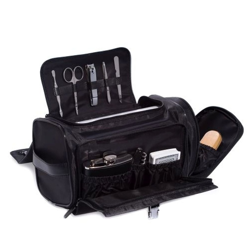 Black Leather & Nylon Tote, Flask, Shoe Shine & Manicure Set