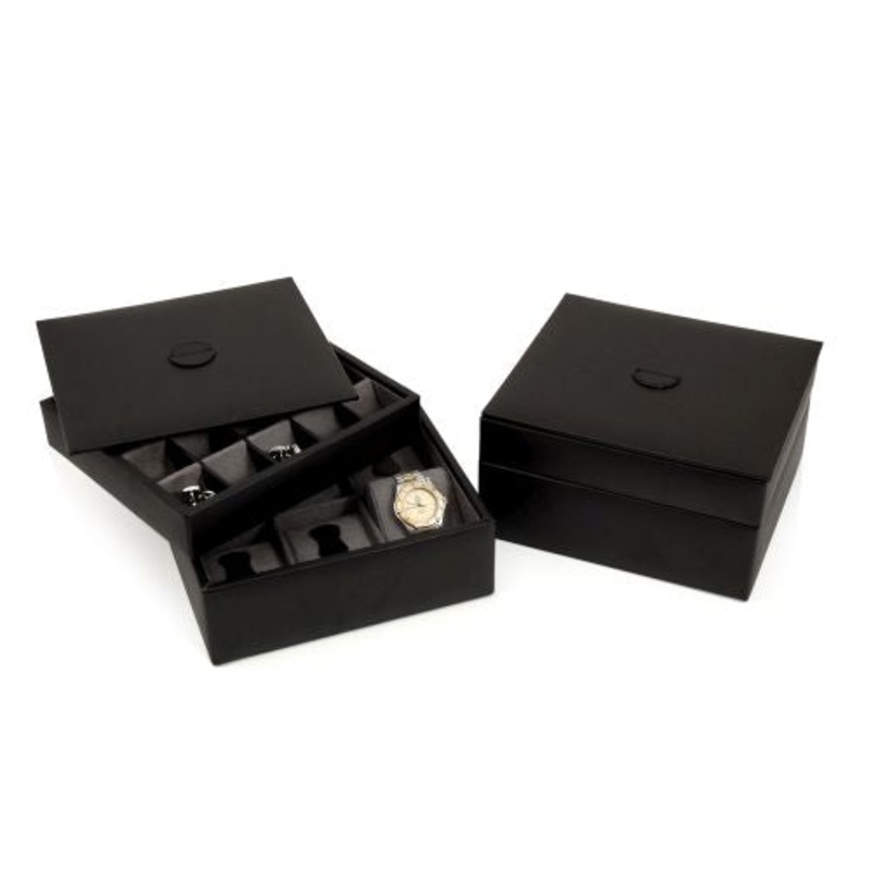 Black Leather Stacked Valet For 6 Watches & 20 Cufflinks