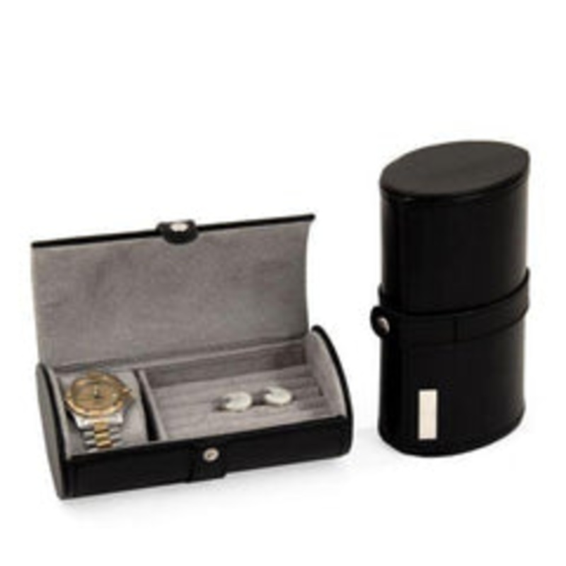 Black Leather Watch & Cufflink Travel Case With Snap Closure