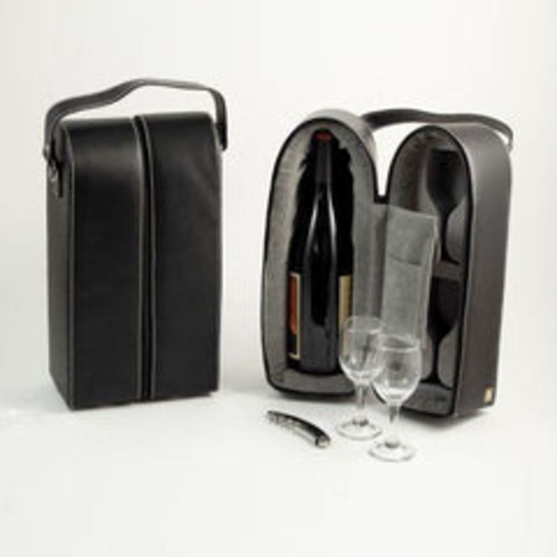 Black Leather Wine Caddy With Two Glasses & Bar Tool
