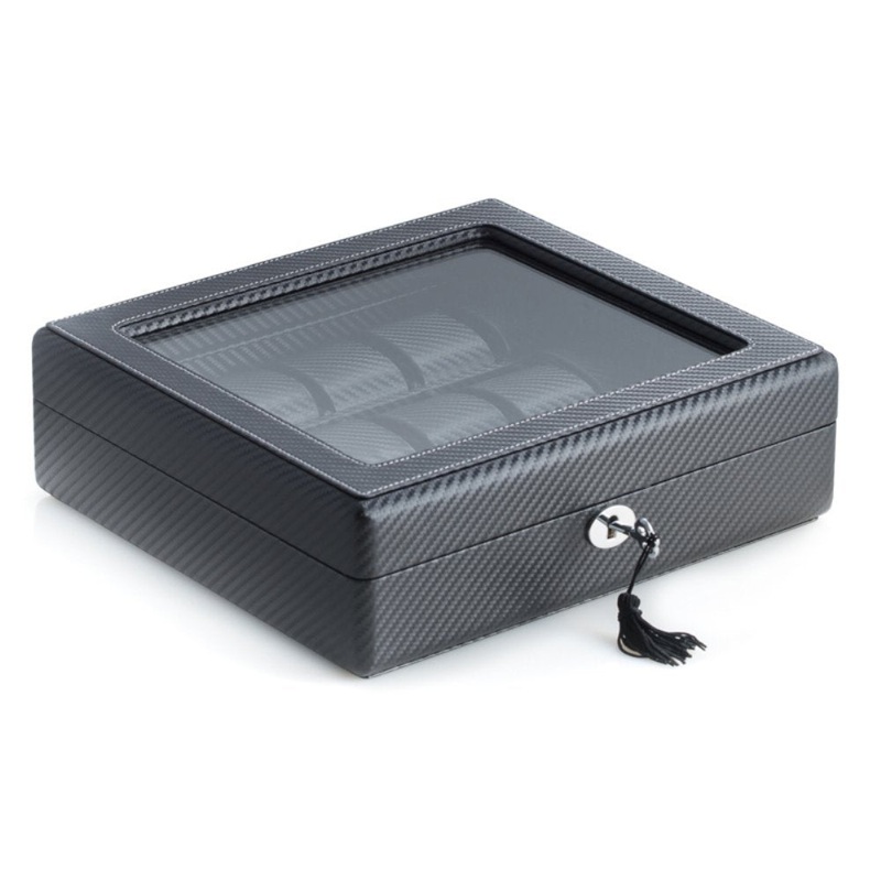 Black Leatherette Woven Design 15 Watch Case With Glass Top