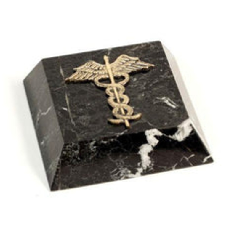 Black Zebra Marble Medical Paperweight, Gold Emblem