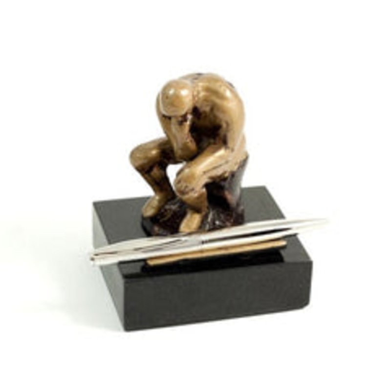 Bronze Finished Thinker Pen Holder On Black Marble Base