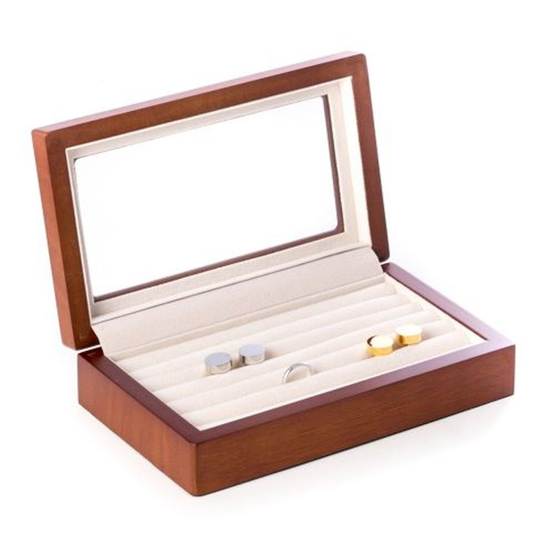 Cherry Black Wood Glass Top Cufflink Box With Velour Lining