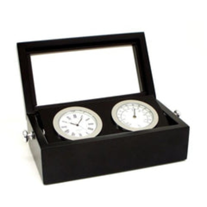 Chrome Clock & Thermometer In Glass Topped, Black Hinged Box