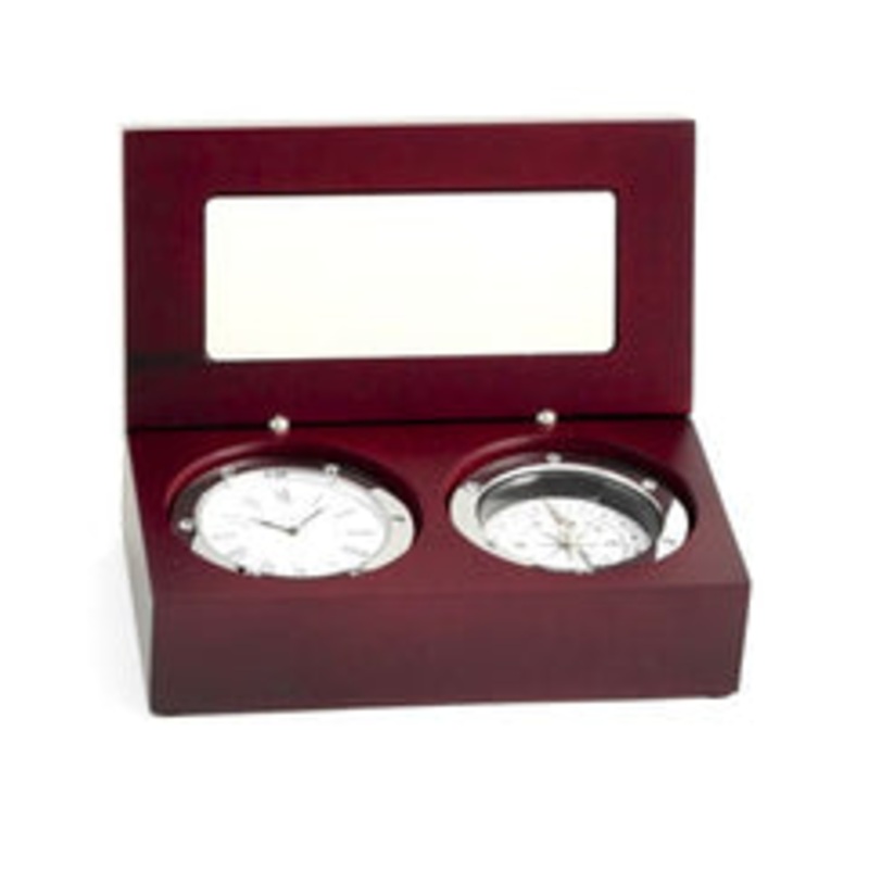 Compass & Clock In Mahogany Hinged Box With Chrome Plate