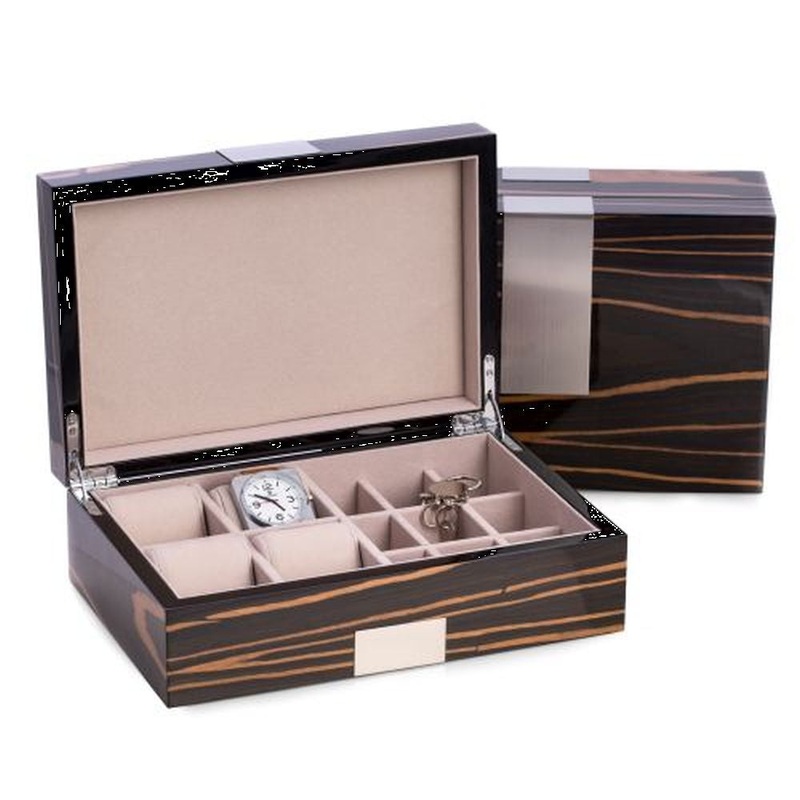 Lacquered Ebony Burl Wood Valet Box For Watches & Cufflink