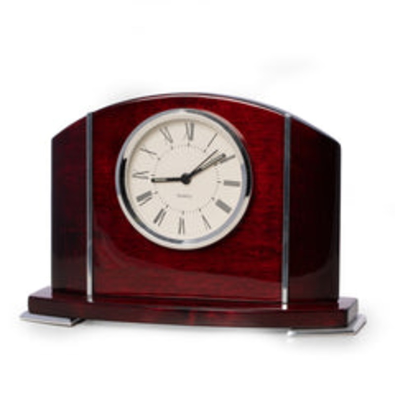 Lacquered Mahogany Wood Quartz Clock w/ Stainless Steel