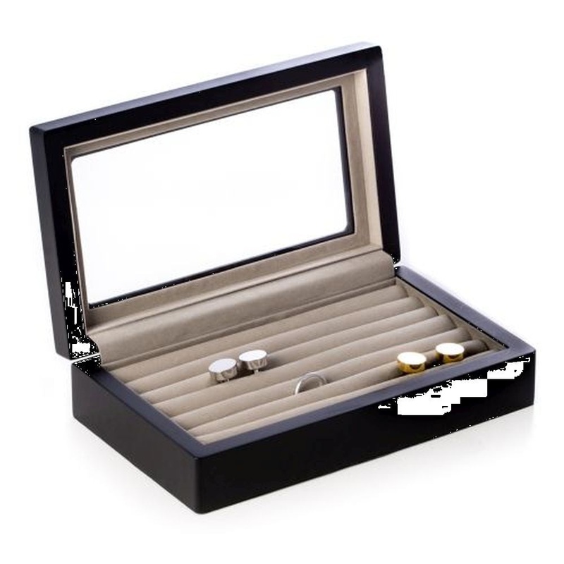 Matte Black Wood Cufflink Box With Glass Top & Velour Lining