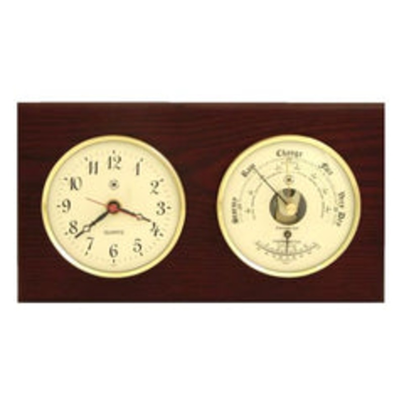 Quartz Clock & Barometer With Thermometer On Mahogany Wood