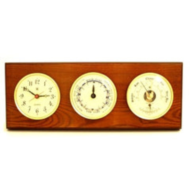 Quartz Clock, Tide Clock & Barometer With Thermometer On Oak.
