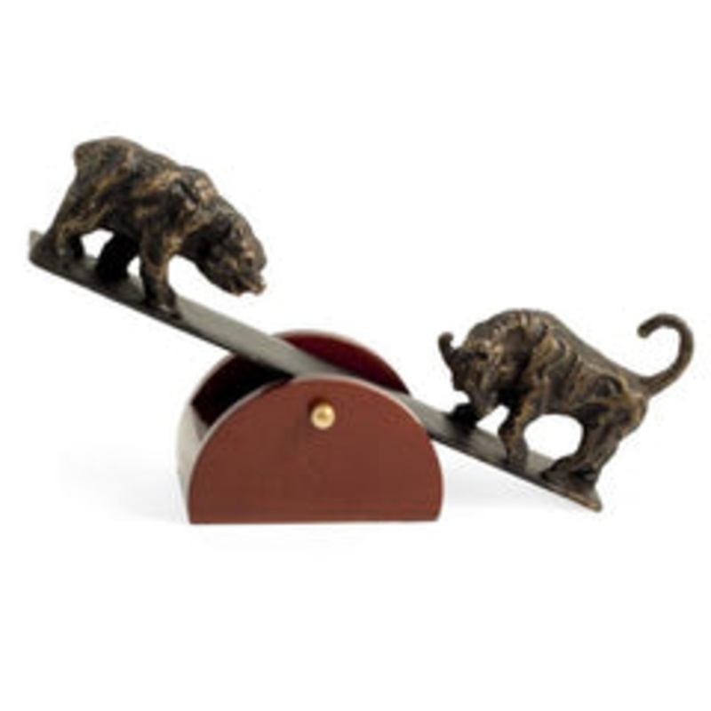 See-Saw Metal Bull & Bear Sculpture With Teak Wood Base