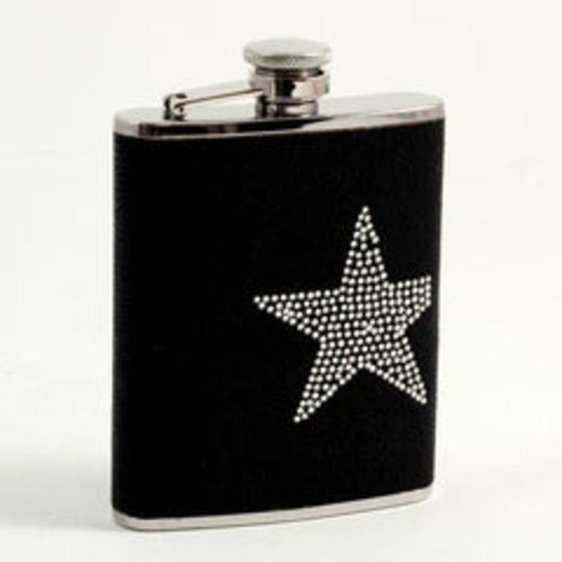 6 Oz. Stainless Steel Black Leatherette Flask, Star