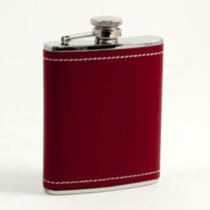 6 Oz. Stainless Steel Red Leather & White Stitch Flask