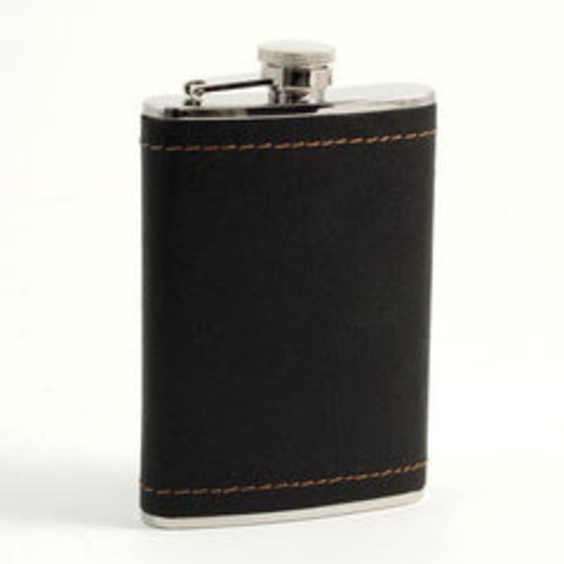 8 Oz. Stainless Steel Black Leather & Mustard Stitch Flask