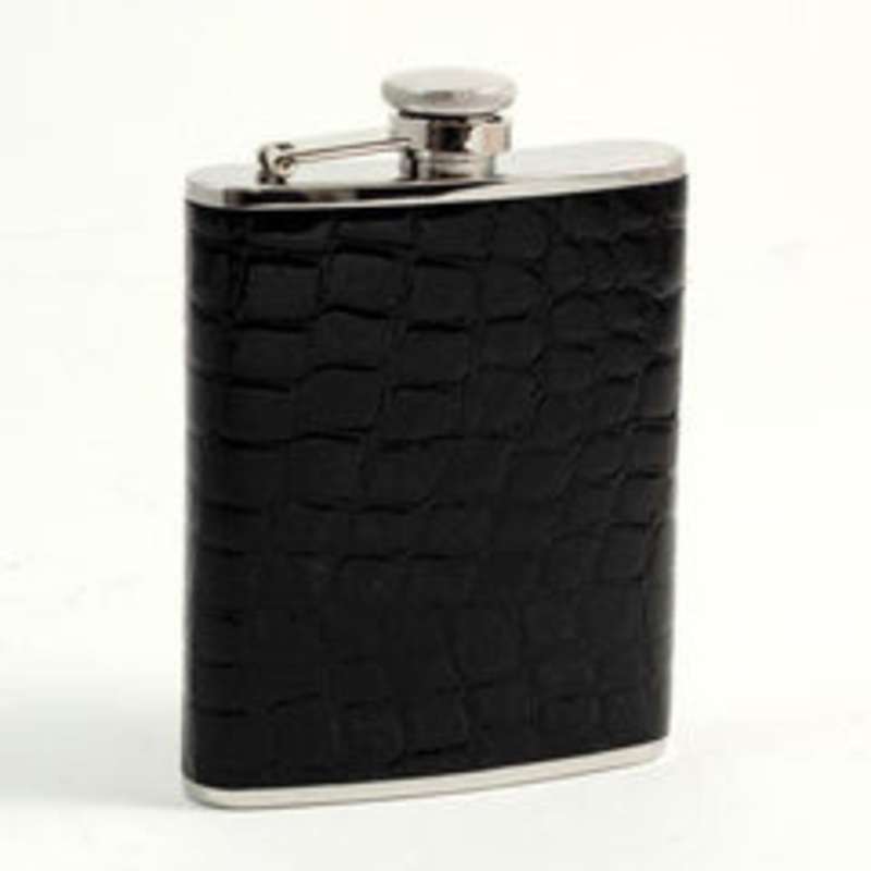 Bey Berk 6 Oz. Stainless Steel Black Croco Leather Flask